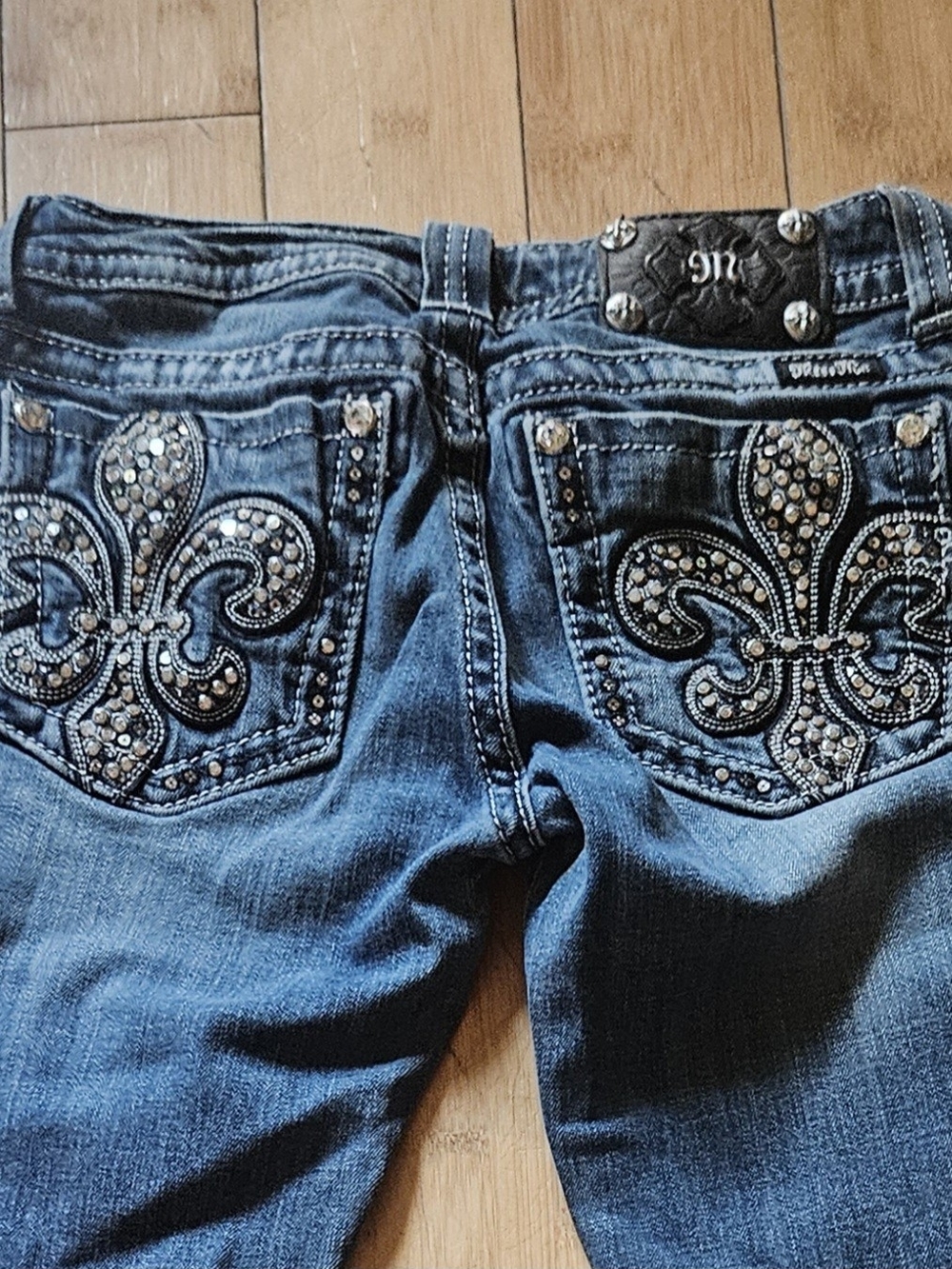 Miss Me Blue Boot Cut Jeans with Rhinestone Fleur-de-Lis Pockets